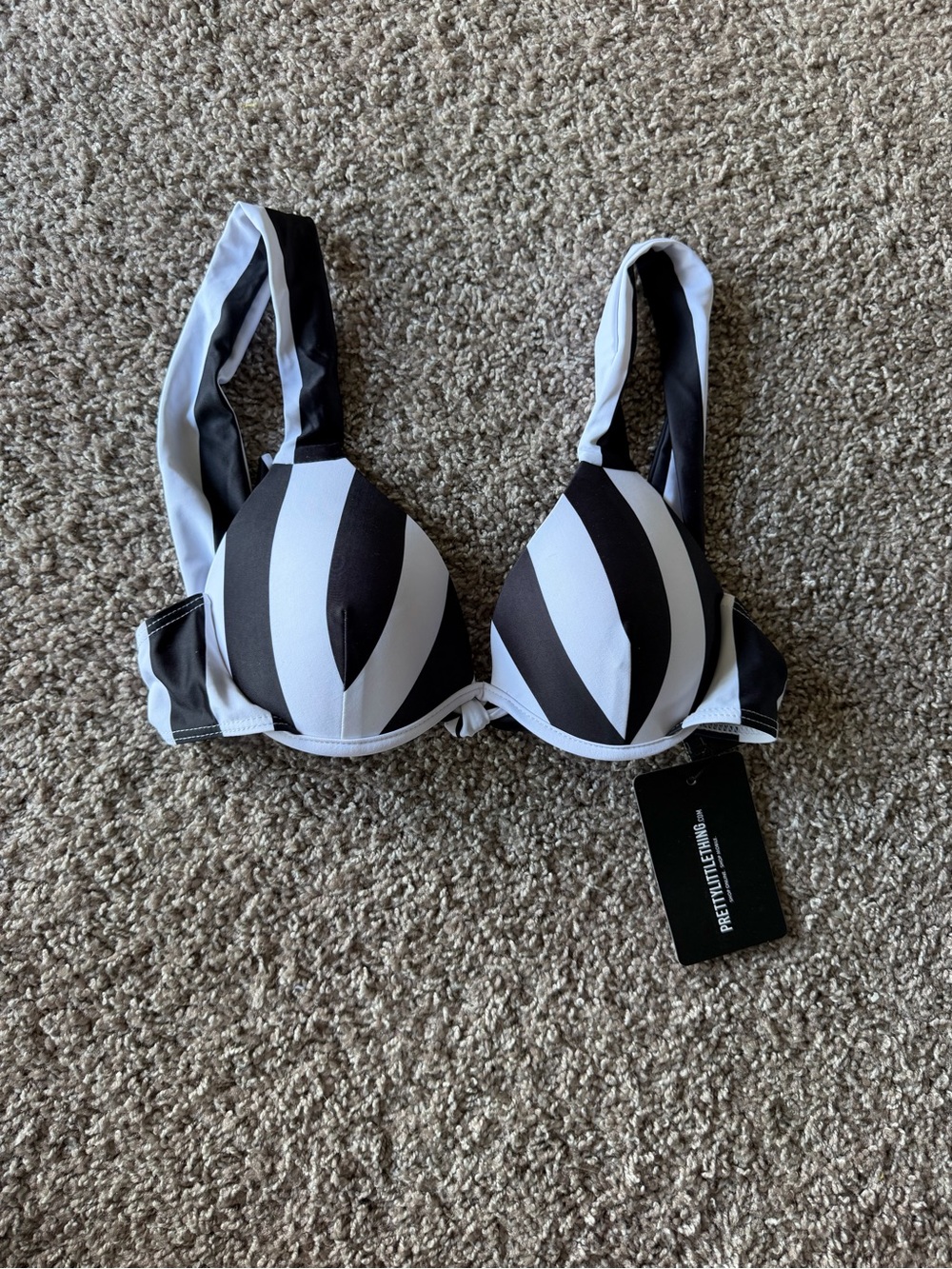 PrettyLittleThing Black & White Striped Push-Up Bikini Top